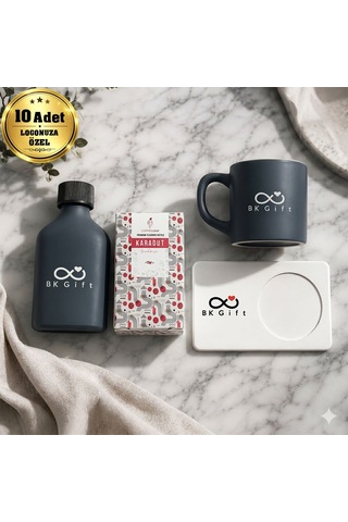 Logonuza Özel 10 Adet Kutulu Ahşap Altlıklı Antrasit Fincan & Kolonya & & Aromalı Kahve Seti Ahşap Kutulu Kurumsal Hediye Seti