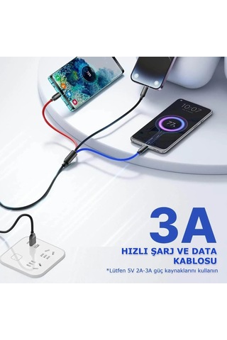 5 Adet 3ü1 Arada Usb Typec Micro Lightning Şarj Ve Veri Aktarım Kablosu 1,2 M