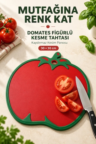 Domates Figürlü Kaydırmaz Kesme Tahtası 30 X 30 Cm Askılı Plastik Sebze Meyve Doğrama Panosu Kırmızı