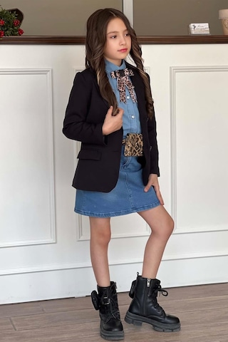 Riccotarz Kız Çocuk Leopar Desenli Fiyonk Detaylı Kot Gömlek Siyah Blazer Ceket Etekli Takım 001