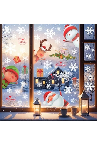 80 Adet Kar Tanesi Pencere Cam Yapışkanları, Noel Baba Geyik Çıkartmaları