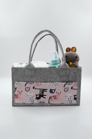 Jasper Hayvan Figürlü Gri-pembe Keçe Anne Bebek Bakım Çantası Or Gri
