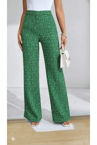 Tua Moda Kadın Yüksek Bel Paçaya Doğru Geniş Dokuma Pantolon Yeşil