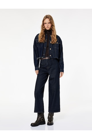 Koton Yüksek Bel Pamuklu Kemer Detaylı Cepli Kısa Geniş Paça Jean Pantolon - Wide Leg Jeans Koyu İndigo 6wal40212md