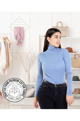 Alya Underwear Kaşkorse Tam Boğazlı Body Sweatshirt, Fitilli Kumaş, Likralı, Gül Kurusu Gök Mavi