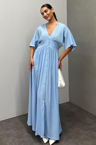 Madmext Bebe Mavisi V Yaka Düğmeli Elbise Mg2339 Bebe Mavisi