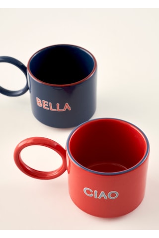 Bella Maison Line Halka Kulplu 2'li Seramik Fincan Kırmızı-mavi 180 Cc Kırmızı - Mavi