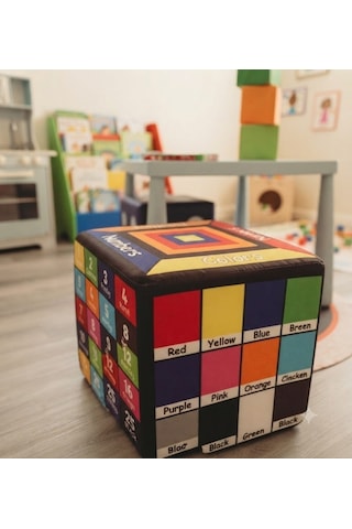 Missidea İngilizce Eğitici Küp Minder 33x33 Cm Çocuklar İçin İnteraktif Dil Gelişim Pufu Çok Renkli
