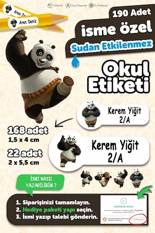 Okul Etiketi Kalem Defter İsimli Etiket Isim Yazılabilen Kungfu Panda - 190 Adet Özel Yeni Tasarım