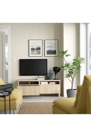 Tv Sehpası, Ağartılmış Meşe Görünümlü, 120x42x48 Cm, Lappvıken, Çıt Çıt Raylı Meşe