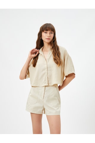 Koton Crop Kısa Kollu Gömlek Düğmeli Rahat Kesim Bej 3sak60497pw 3SAK60497PW063 Ekru