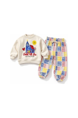 Child Of Sun Baskılı Sweatshirt Ve Lastikli Paça Çizgili Tasarım Eşofman Erkek&kız Çocuk Alt Üst Tak Kırmızı