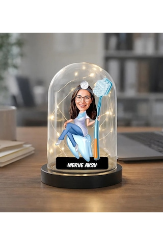 Bk Gift Kişiye Özel Kadın Diş Hekimi Karikatürlü Led Işıklı Cam Fanus Biblo -1, Mesleki Hediye, Sevgiliye-arkadaşa Hediye Kobitmeyencom36868 Bk Gift