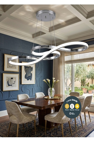 Infinity Krom Kıvrımlı Kumandalı Modern Led Avize 3 Renk Salon, Yemek Masası Ve Mutfak İçin Gümüş