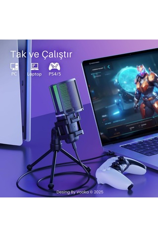 Rgb Işıklı Kablolu Condenser Mikrofon Usb Bağlantılı, Tripod Standlı, Pop Filtreli, Online Ders,