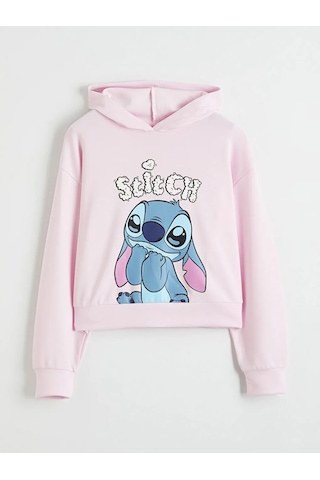 Lc Waikiki Pembe Kapüşonlu Stitch Baskılı Kız Çocuk Sweatshirt