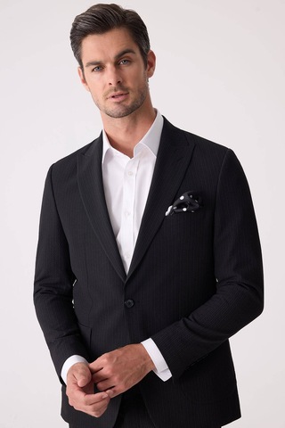 Erkek Siyah Slim Fit Torba Cep Çizgili Jogger Pantolonlu Sivri Ya