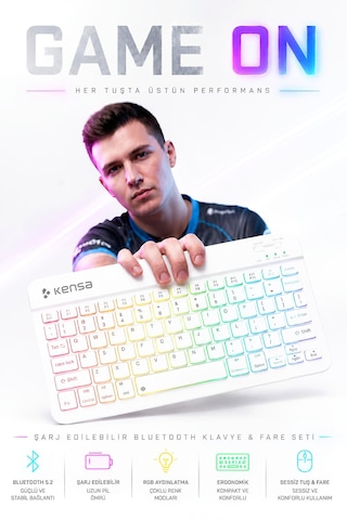 Tablet Ve Bilgisayar İçin Rgb Led Işıklı Taşınabilir Kablosuz Bluetooth Klavye Ve Dongle'lı Mouse Seti Beyaz