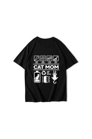 Brz Collectıon Brz Collection Unisex Oversize Cat Mom T-shirt Siyah