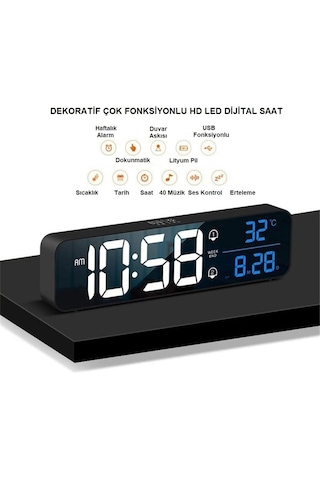 Hd Led Ekranlı Aynalı Dijital Masa Saati Sıcaklık, Tarih Ve Alarm Özellikli Elektronik Saat Siyah