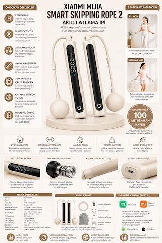 Mijia Smart Skipping Rope 2 Akıllı Atlama İpi Led Ekran Bluetooth 5.1 Ayarlanabilir 3 Metre Bej