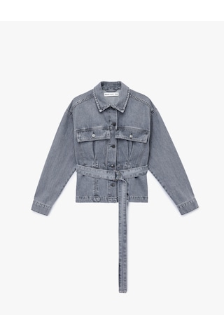 Koton Pamuklu Cep Detaylı Uzun Kollu Klasik Yaka Kemerli Denim Ceket Gri 6wal50019md Gri