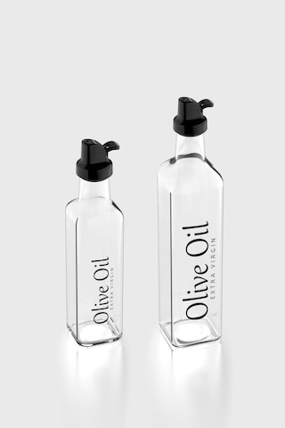 Renga Oslo Siyah Kapaklı Olive Oil Yazılı 250 Ml Ve 500 Ml 2'li Cam Yağlık Seti 152001 Siyah