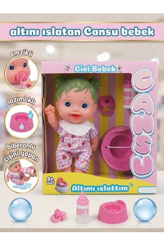 Cansu Bebek: Altını Islatan Renkli Saçlı 4 Parçalı Biberonlu Emzikli Lazımlıklı Oyuncak Bebek Seti Yeşil
