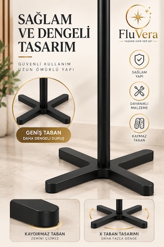 Ayaklı Portmanto Çoklu Kancalı Elbise Askılığı Mont Kaban Çanta Şapka Askısı Antre Askılık Siyah
