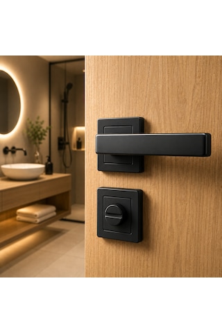 Mat Siyah Kare Rozetli Wc Banyo Kapı Kolu Alüminyum Yapı Modern Tasarım