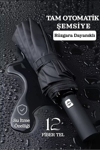 Fithome Çanta Boy Tam Otomatik Rüzgara Dayanıklı Fiber 12 Tel Şemsiye Siyah