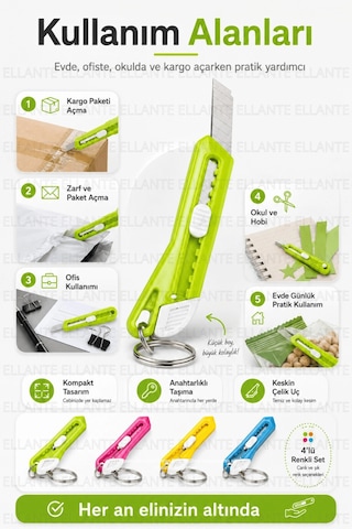 Mini Maket Bıçağı Anahtarlık Çelik Uç Sürgülü Kargo Koli Paket Zarf Açıcı Pratik Kesici Tekli 1 Adet