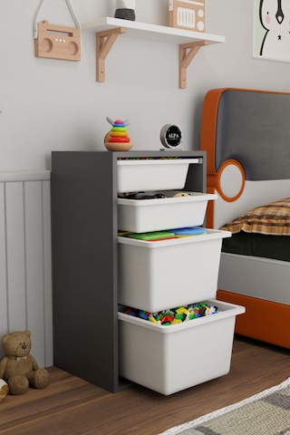 4 Sepetli Oyuncak Dolabı Çok Amaçlı Oyuncak Dolabı Düzenleyici Organizer Antrasit - Beyaz