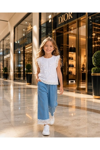 Beyaz Tshirt & Denim Pantolon Takımı Beyaz-mavi