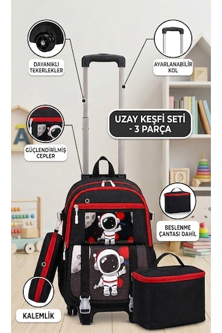 2 Kademeli Çekçekli Tekerlekli Karekter Desenli Erkek 3 Lü Set Takım İlkokul Sırt Çantası 40 27 17cm Siyah/kırmızı