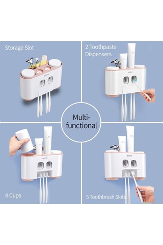 Novahub 5 Yuvalı 4 Bardaklı 2 Diş Macunlu Duvar Askısı, Yapışkanlı Beyaz Pratik Organizatör Mutfak Banyo Organizasyonu İçin İdeal Beyaz