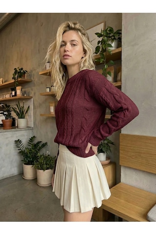 Sayzen Your Shine Saç Örgülü Basic Regular Triko Kazak Sy-2605 Bordo