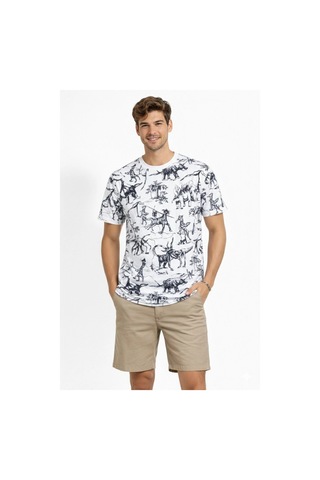 Barlashive Erkek Dinozor Dijıtal Ön Ve Arka Baskılı Tişört Bisiklet Yaka T-shirt - Beyaz Çok Renkli