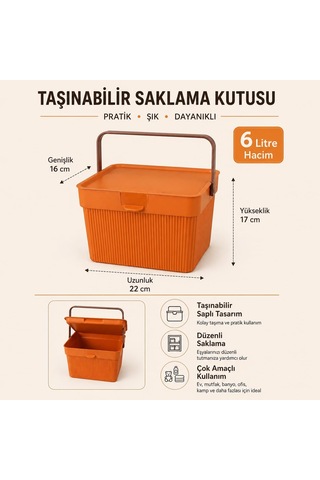 6 Litre Çizgili Çok Amaçlı Düzenleyici Kapaklı Taşıma Kulplu Saklama Kutusu Organizer Turuncu