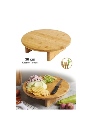 Nishev.com Evini Sev Ayaklı Yuvarlak Kesme Doğrama Tahtası Sunum Tahtası Bambu 30 Cm