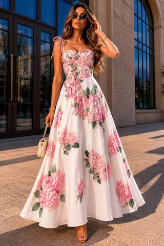 Asprinfashion Pembe Ortanca Çiçek Desenli Askılı Midi Elbise