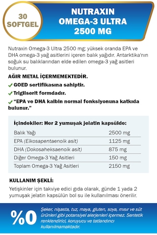 Nutraxin Omega3 Ultra 2500 Mg 30 Softjel - Balık Yağı, EPA 1125, DHA 875 Mg