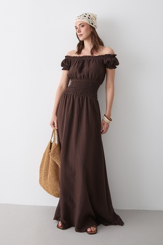 Kahverengi Büzgülü Elbise - 2002 Kahverengi