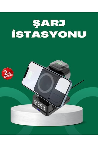 Dijital Saatli Kablosuz Şarj İstasyonu - 3 Ü 1 Arada Apple Uyumlu Hızlı Şarj Ve Led Ekran