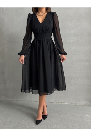 Kadın Arkadan Bağlamalı Şifon Elbise Siyah
