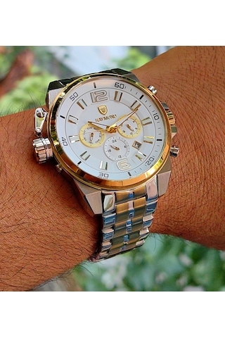 Raymond Gold Beyaz Kadran Çelik Erkek Kol Saati Altın - Gümüş