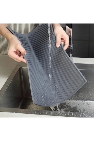 Rotanev Gri Büyük Boy Silikon Su Toplamaz Bulaşık Kurutma Matı Bulaşıklık - Bulaşık Altlığı 44 X 33 Cm