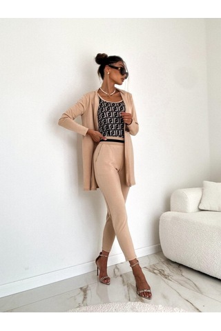 Modasize Kadın Uzun Kollu Krep Üçlü Takım Bej