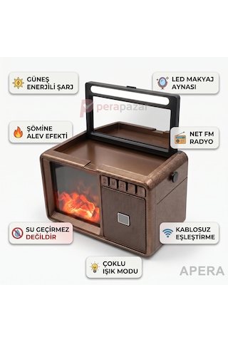 Fepe Fp-611-s Güneş Panelli Bluetooth Radyo Şömine Alev Efektli Aynalı Şarjlı Taşınabilir Hoparlör Koyu Kahve