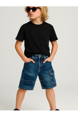 Çocuk Kargo Cepli Kot Şort-16005 Lacivert